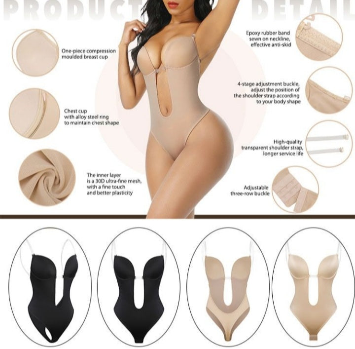 U Plunge Bra Backless Thong Bodysuit-Seamless,Shapewear,LowCut,Sexy,Comfort